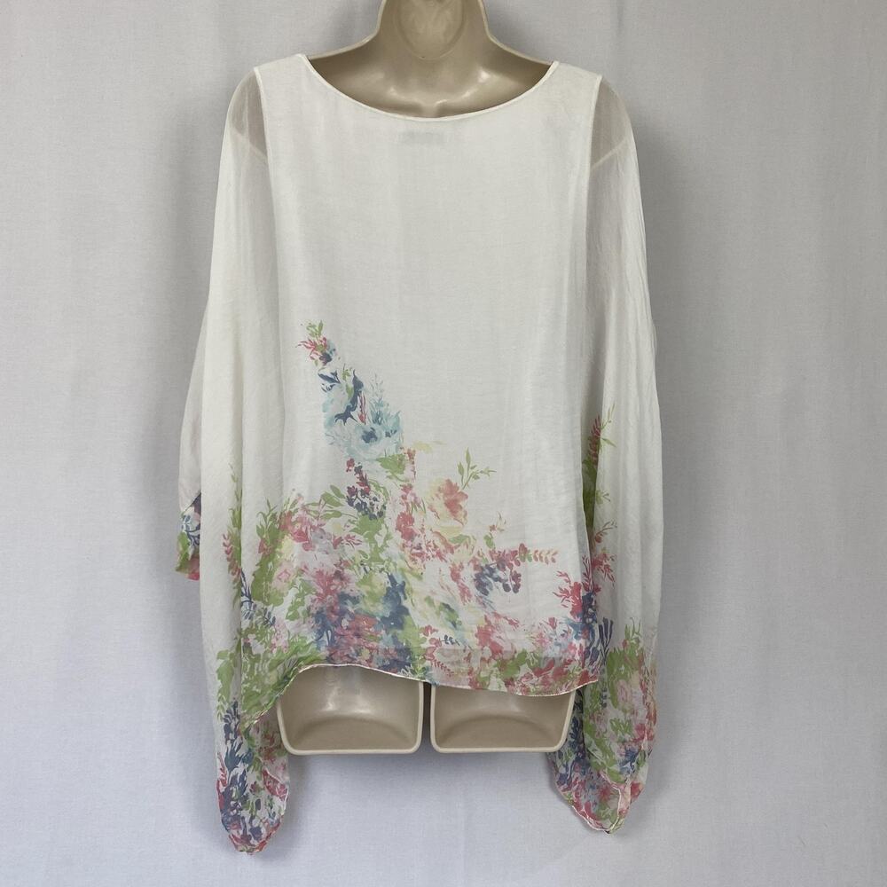 Elena Baldi Silk Kimono Top Women Medium White Floral Watercolor Italy Lagenlook - Picture 3 of 12